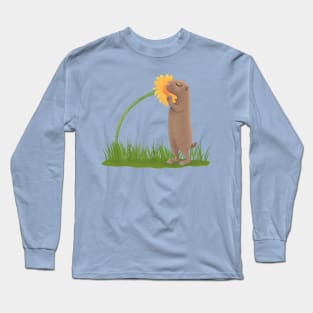 Cute prairie dog sniffing flower cartoon illustration Long Sleeve T-Shirt
